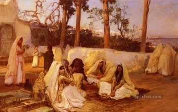 three women at the table by the lamp Painting - Women At The Cemetery Algiers Arabic Frederick Arthur Bridgman
